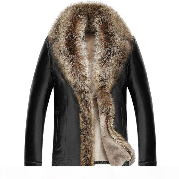 

m-5xl 2017 winter new men leather jacket lambswool genuine leather coats thicken fur collar jaqueta masculino plus size clothing, Black