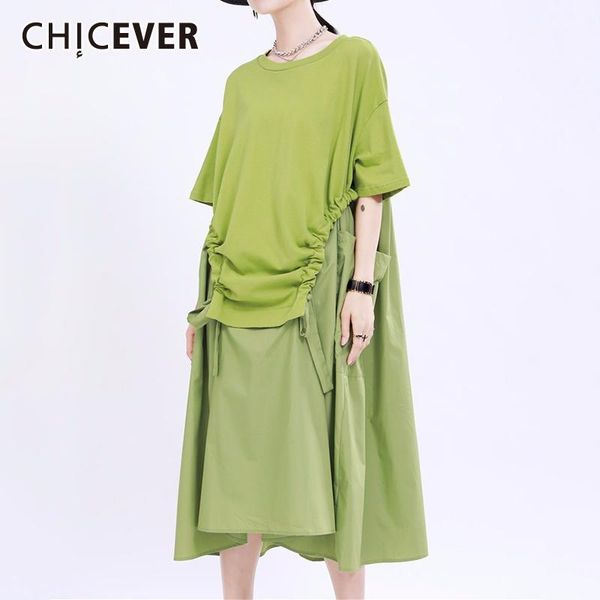 

casual dresses chicever patchwork hit color dress women o neck short sleeve pocket oversized irregular summer female fashion 20211, Black;gray