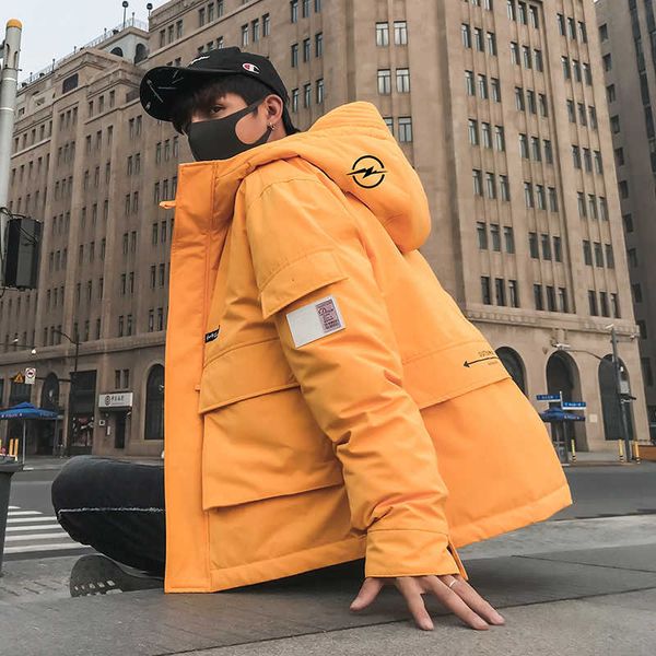 

winter new thick tooling wind hooded loose cotton coat men's multi-pocket solid color casual shirt coat red / yellow / black