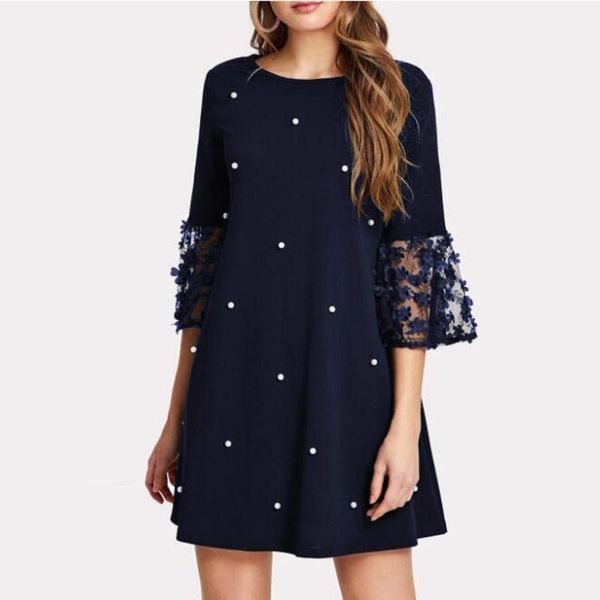 

casual dresses woman summer women 2021 fashion wave solid point o-neck spliced hollow out long sleeve dress, Black;gray