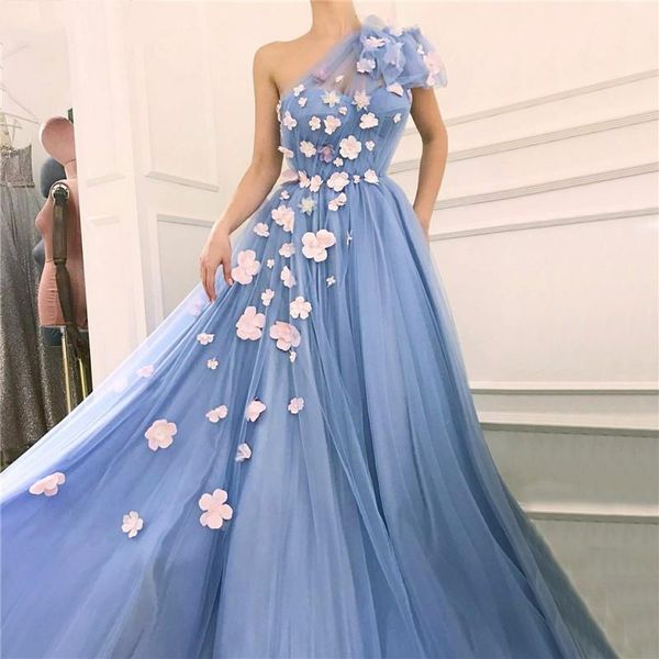 Hübsche hellblaue Blumen-Abschlussballkleider in A-Linie 2021, günstig, einschulterlang, Tüll, für Damen und Mädchen, formelle Abendkleider, Promi-Partykleid