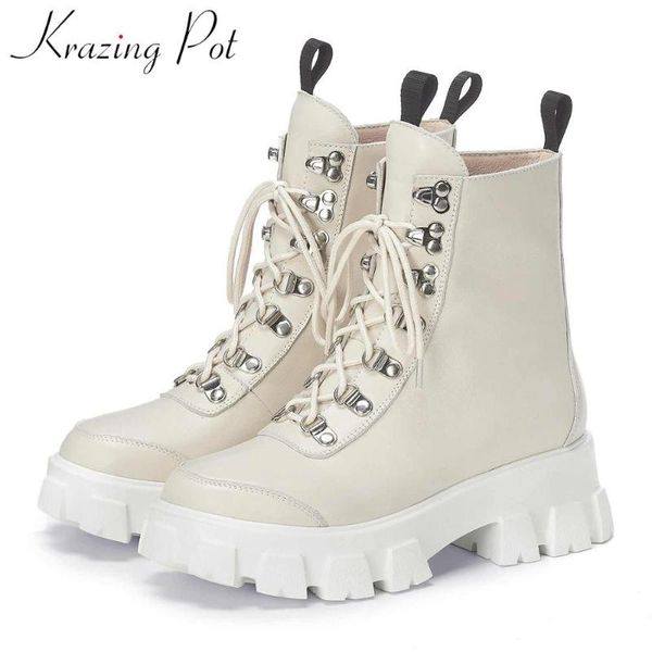 

krazing pot genuine leather lace up rivets round toe thick bottom winter warm leisure style women ankle boots l12, Black
