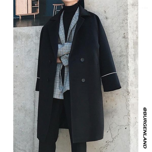 

casual long wool coat korean men fashion warm camel autumn blue wool coat thick solid color abrigos para hombre clothing df50wb1, Black