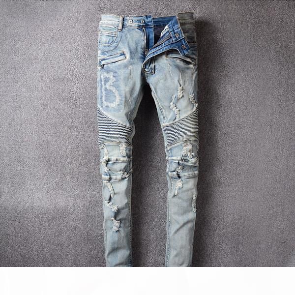 

mens 2019 luxury designer clothes jeans apparel fashion trousers mens washed patch collage tight-fitting mens ripped skinny jeans, Blue