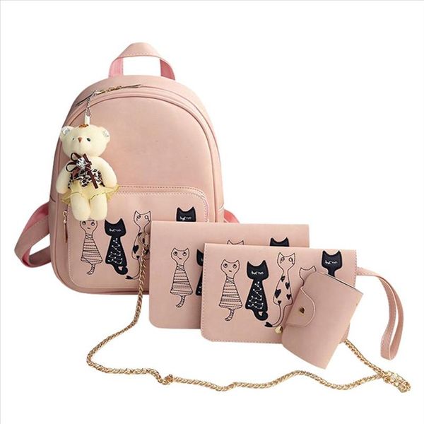 

4pcs set women cat printing backpack pu leather composite bag bookbags school rucksack students bags for teenage girls bagpack