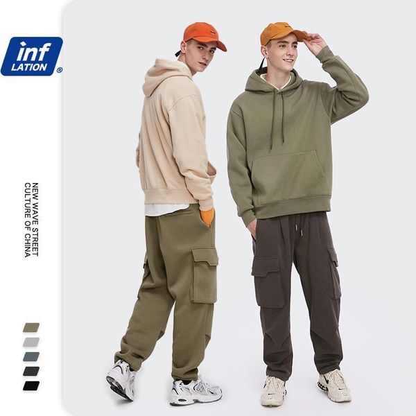 

inflation winter fleece sweatshirt set men solid color tracksuit couple streetwear 2020 loose hoodie set woman two piece outfit1, Gray