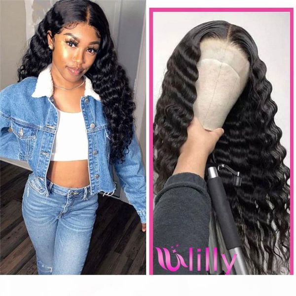 

deep wave closure wig human hair peruvian wigs 150% lace front wig pre plucked bleached knots wigs remy 4x4 lace 28 30 inch, Black;brown