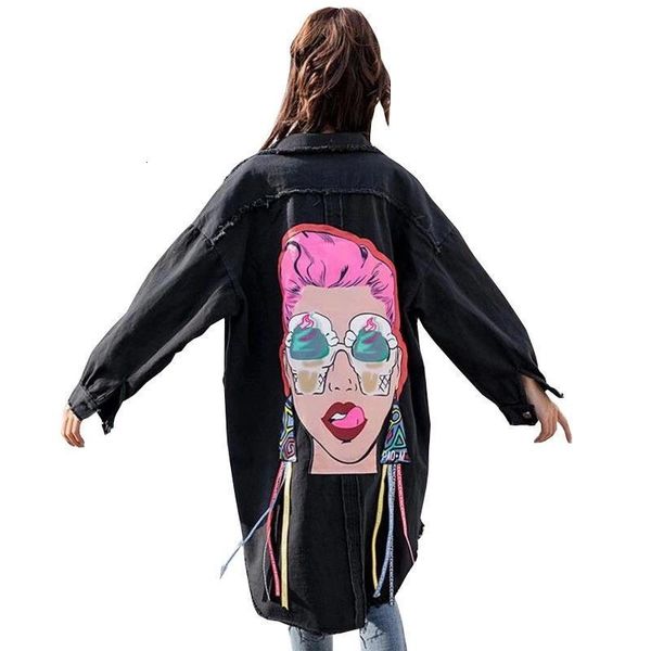 

boyfriend casual denim jacket woman loose coat vintage pattern korea print windbreaker chaqueta mujer harajuku befree, Black;brown