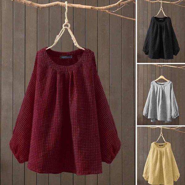 

women's blouses & shirts plus size retro check spring blouse 2021 zanzea casual long sleeve blusas female pleated plaid tunic chemise 5, White