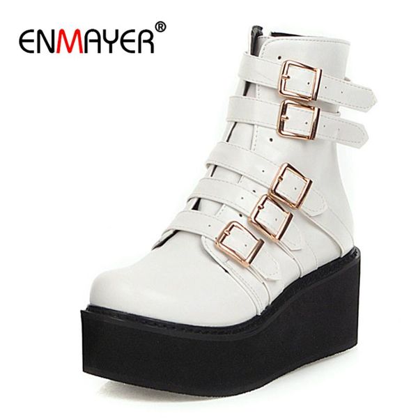 

enmayer flat with round toe motorcycle boots winter boots women pu solid fleeces buckle flock ankle for women furry, Black
