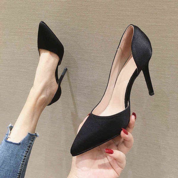 

dress shoes 2022 spring and summer french high girls' silk thin heels side empty single shoes shallow mouth pointed sandal, Black