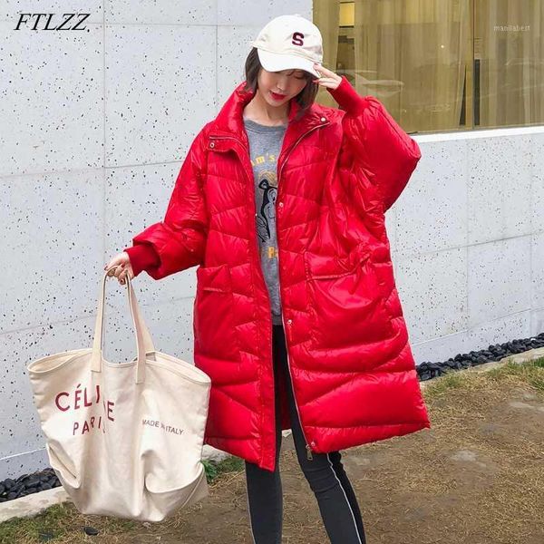 

ftlzz 2020 white duck down coat stand collar women down long jacket loose parka female red warm snow outwear1, Black