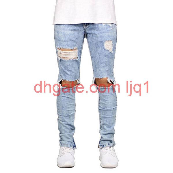 

new fashion mens biker jeans spring knee holes ripped black blue patchwork trousers stylish streetwear for men