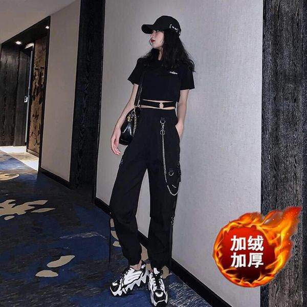 

harajuku streetwear women casual harem pants gothic black cargo pants women chain cool hip hop long trousers capris pantalones, Black;white
