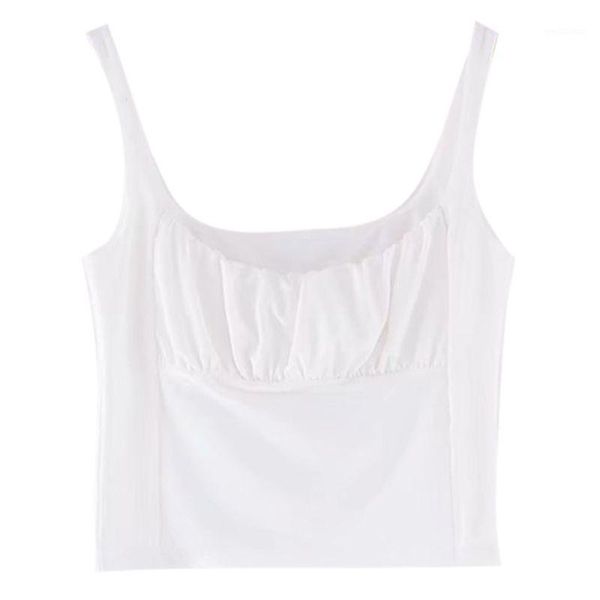 

women sleeveless camis crop low cut square neck candy color ruched vest e56c1, White