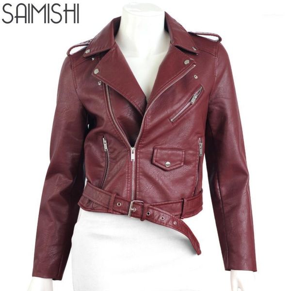 Женская кожаная искусственная оптовая продажа - Saimishi мода короткая PU мотоцикл куртка 2021 весна осень с длинным рукавом молния женские пальто женские тонкие