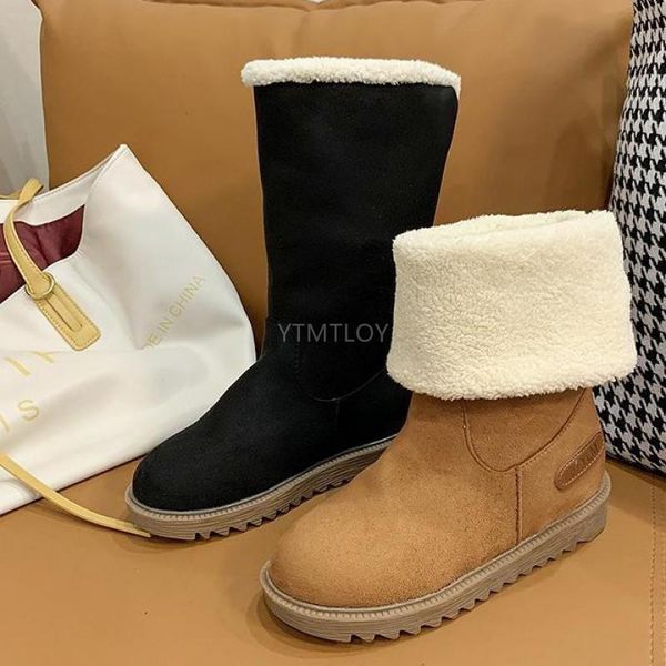 

women winter fur warm snow boots ladies wool ankle comfortable shoes casual turned-over edge round toe botas altas mujer, Black