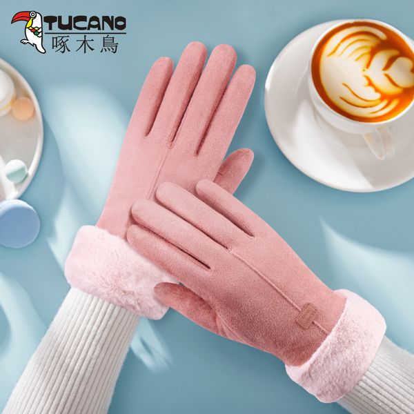 

women's lovely winter warm plush thickened outdoor battery car riding cold proof touch screen driving gloves