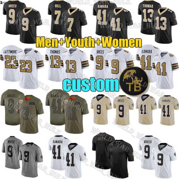 

men womens new orleans youth jersey saints 9 drew brees 41 alvin kamara thomas taysom hill marshon lattimore football jersey 01, Black;red