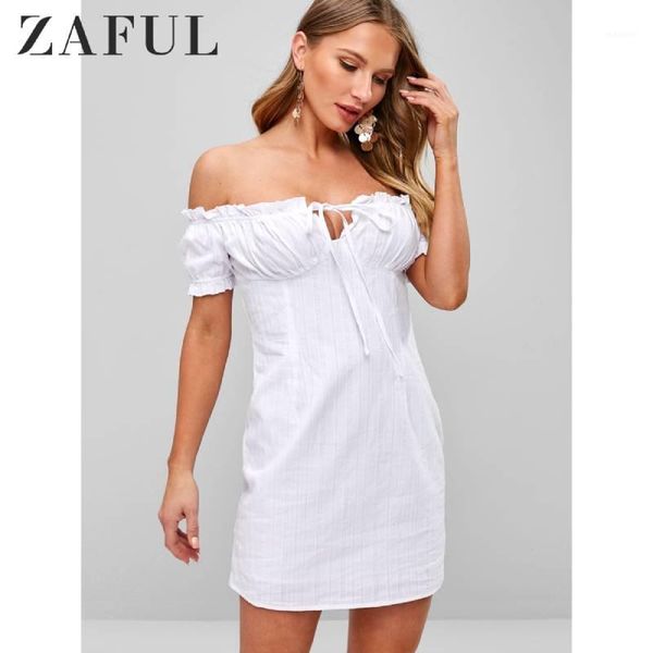 

zaful white off shoulder ruffle short dress women bodycon backless autumn mini dress elegant party club cotton 20191, Black;gray