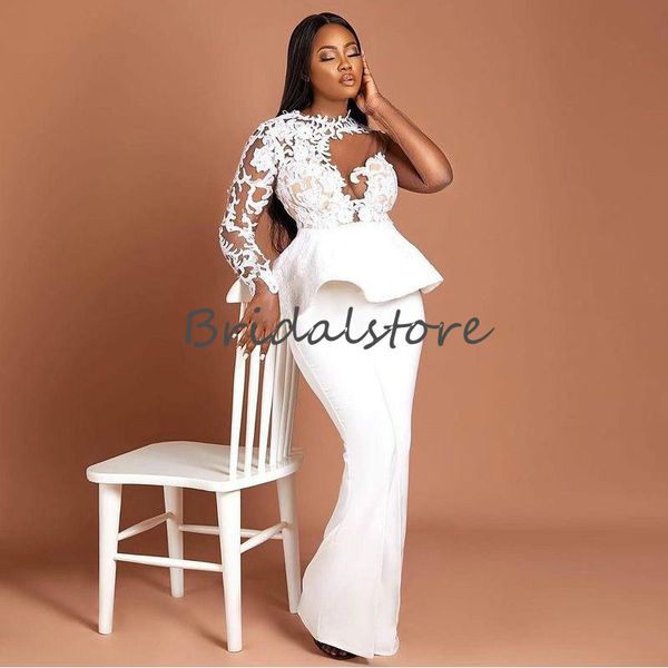 Vestidos de baile brancos deslumbrantes de tamanho branco ilusão renda de manga longa Africano vestidos de bajusto de cetim de cetim 2021 moda novo P1841