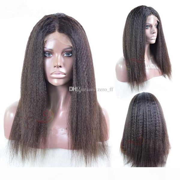 

kinky straight full lace wig indian virgin human hair light yaki lace front wig natural black color hair wigs, Black;brown
