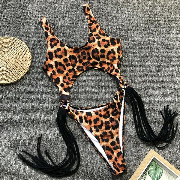 

leopard print one piece swimsuit women high cut female bikini 2020 push up tassel swimwear long string women swimming suit1, White;black