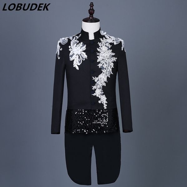 

black red white stand collar embroidery swallowtail male singer chorus stage performance tuxedo host magician wedding tailcoats 201106, White;black