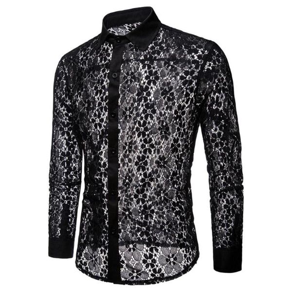 

men shirts long sleeve solid color lace mesh see through clubwear buttons down shirt slim party transparent shirt, White;black