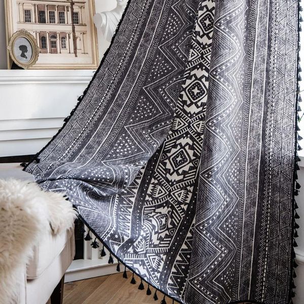 

black bohemian curtains with tassel semi blackout blinds for living room french window door curtain