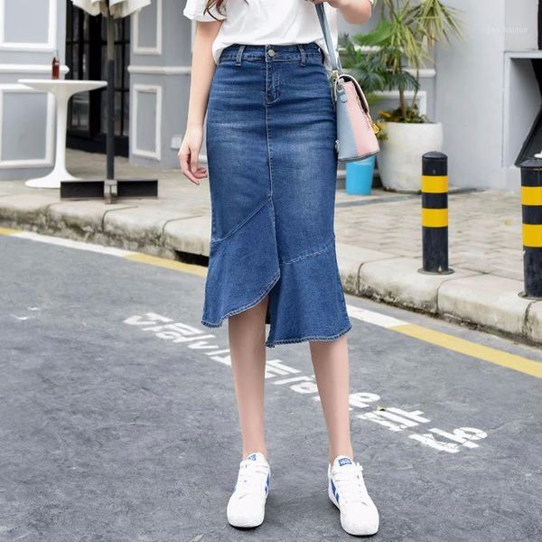 

fashion women plus size 8xl denim skirt mid-length spliced ruffled hip mermaid skirt women jeans pencil skirts for woman1, Black