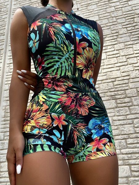

tropical print zipper one piece swimsuit k4zs#, White;black