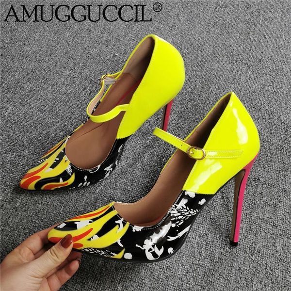

2020 new plus big size 35-47 red yellow pink buckle fashion high heel female ladies mary janes shoes women pumps d12971, Black