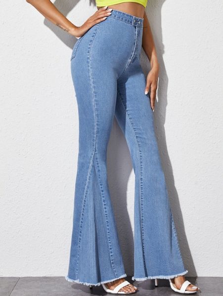 

high waisted raw hem flare leg jeans e6dq#, Blue