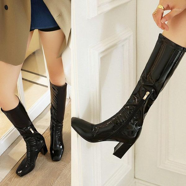 

fashion winter boots women knee high long boots 2021 patent leather high heels night club party shoes woman size 41 42 431, Black