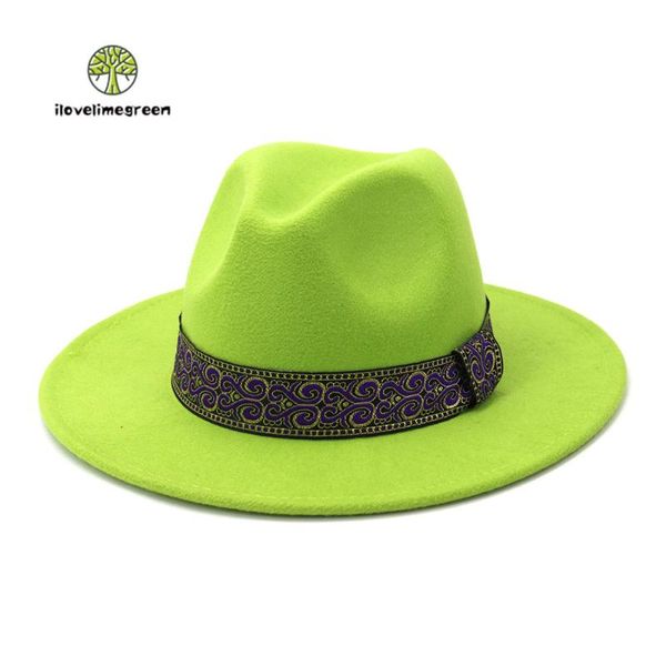 

fall winter british style men women new jazz panama woolen fedora hat wide brim blue belt party hat, Blue;gray