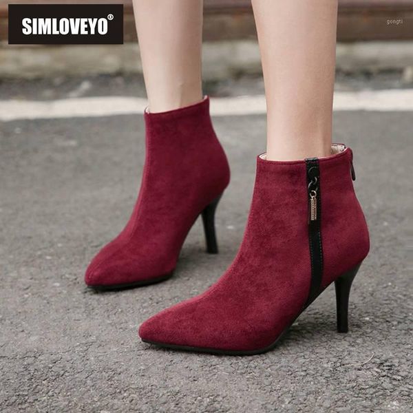 

boots simloveyo ankle for women pointed toe faux suede leather back zipper black wine red thin high heel ladies footwear metal1