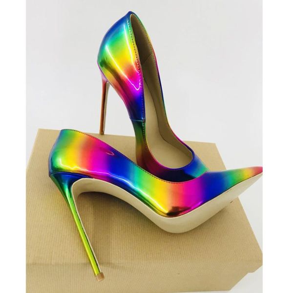 

dress shoes womens pointed toe pumps rainbow color stilettos high heels low patent leather 12cm plus size 10colors 2021, Black