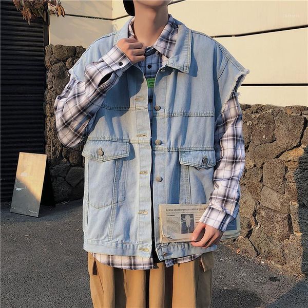 

2020 vintage jean jacket men's denim vest hip hop jean coats waistcoat men cowboy brand sleeveless jacket male tank xxl1, Black;white