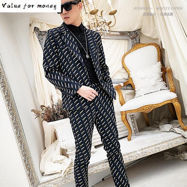

print fashion male blazer jacket suit coat men slim fit suits sets 2pcs (jacket+pant) stage show singer dj costumes customized, White;black