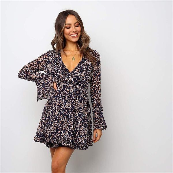 

v-образные шеи с длинными рукавами шифон печать сексуальное платье женские моды повседневные элегантные платья партии женские 2019 осени жен, Black;gray