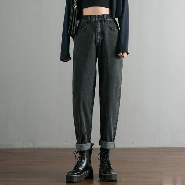 

2021 spring high waist boyfriend loose harem jeans blue black mom casual cropped pants ladies trendy streetwear denim clothes