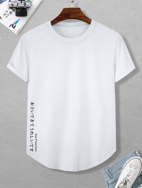 

men japanese letter graphic curved hem tee i7bd#, White;black