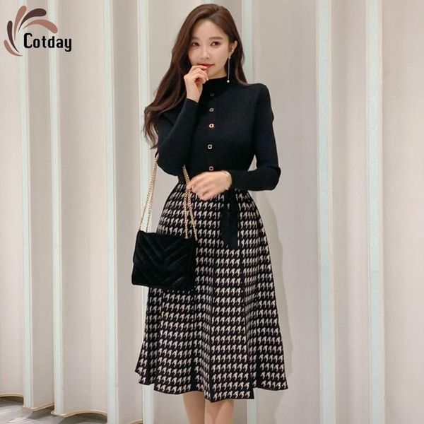 

cotday bow o-neck knitted pleated plaid patchwork korea style long sleeve 2020 autumn elegant women midi dresses, Black;gray