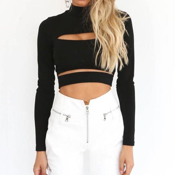 

2019 style women long sleeve solid ladies hollow out casual club party crop balck solid size sx-l, White
