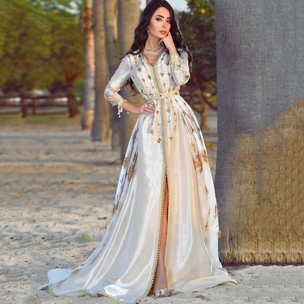 Elegante marokkanische Kaftan-Abendkleider, Stickerei-Applikationen, Spitze, lange formelle Kleidung, volle Ärmel, arabisches Abschlussball-Partykleid, vorne geschlitzt, Neu 2022