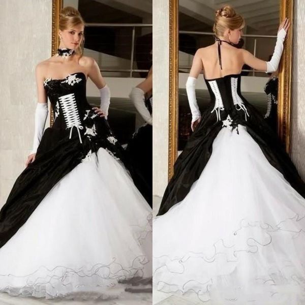 

gothic belle black and ivory wedding dresses vintage bridal gowns a-line lace-up corset strapless tiered plus size bride dress appliques lac, White
