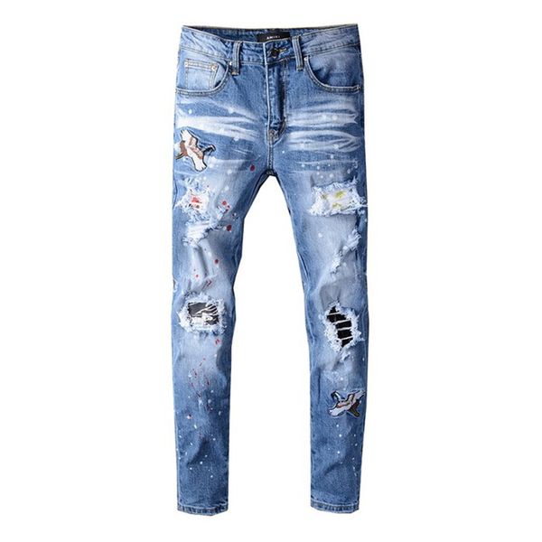 

new men's male fashion casual bird embroidered painted ripped jeans streetwear holes patchwork stretch denim pants trousers, Blue