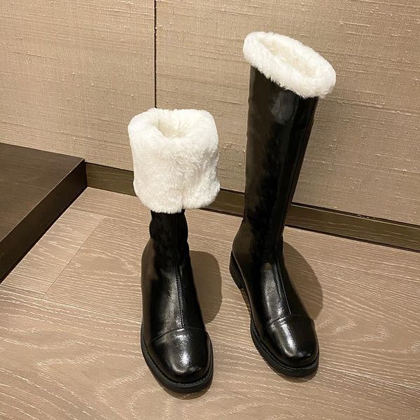 

boots black patent leather slip on knee high over white fur 2 wear style snow low heel winter warm women shoes