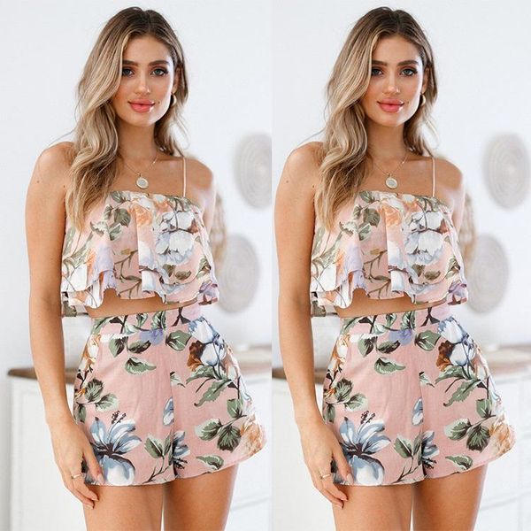 

women's suspenders printed two-piece suit ladies shorts summer 2 piece sets woman outfits beach holiday tracksuit1, Gray